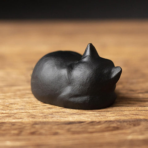 Tiny Sleeping Cat Statue Hand-Carved Healing Stone Gemstone Little Kitten Statue Figurine 2" - Black Obsidian