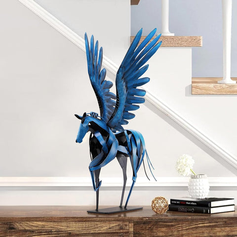 Horse Statue Décor Artwork, 24" H Handmade Metal Pegasus Greek Flying Horse Sculpture, Hand-Painted Animal Figurines for Home Living Room Office (Brown with Wings)