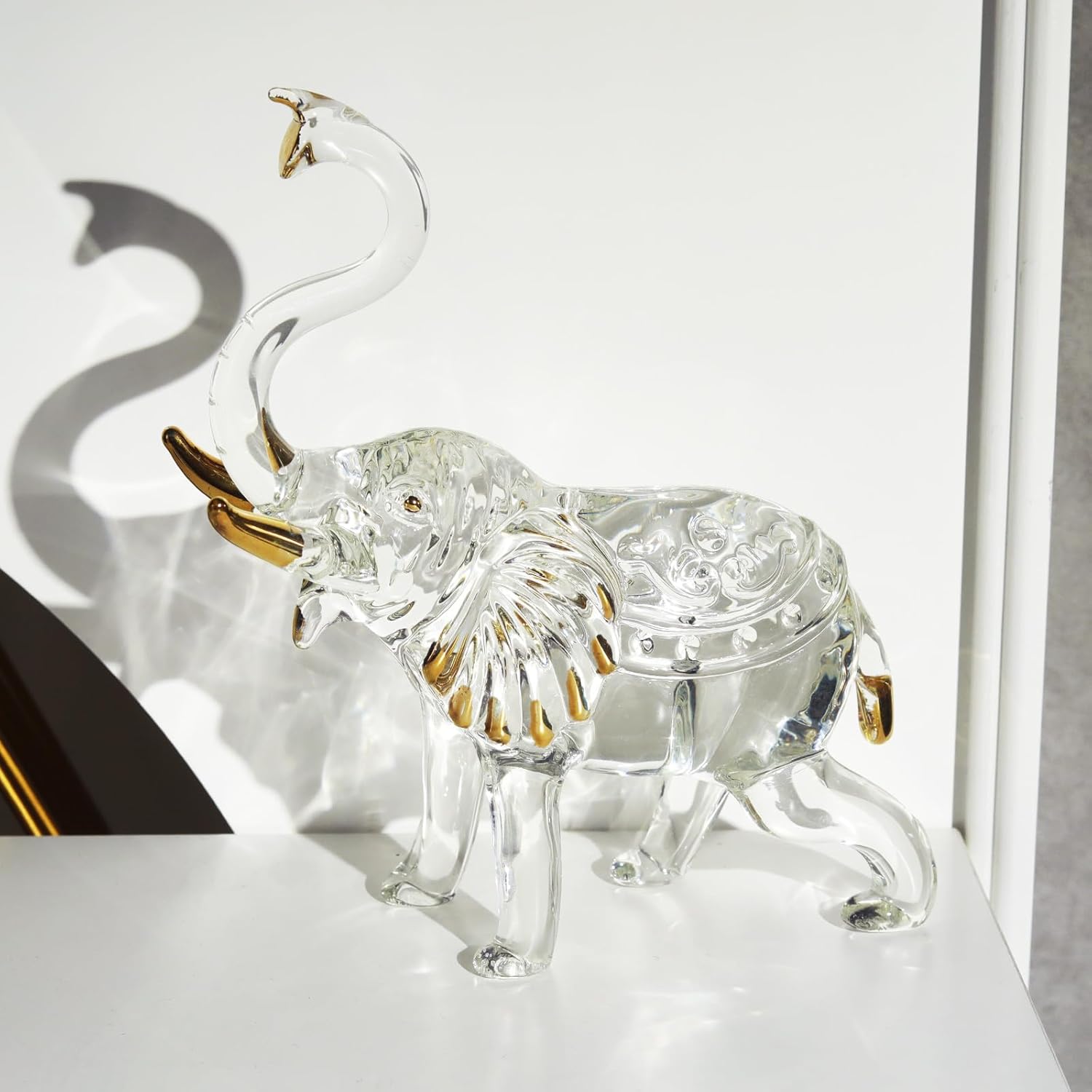 Handcrafted Unique Glass Elephant Statue - Elegant Elephant Figurines for Home Decor Holiday Party Crystal Gifts (7.5IN)