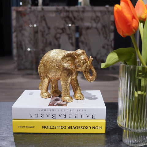 Elephant Statues Home Décor Collectible Figurines - Gold Resin Boho Elephant Decoration Handmade Brings Good Luck Health for Living Room Shelf Office Gifts for Women 7.25 x 3.25 x 5.75 Inch