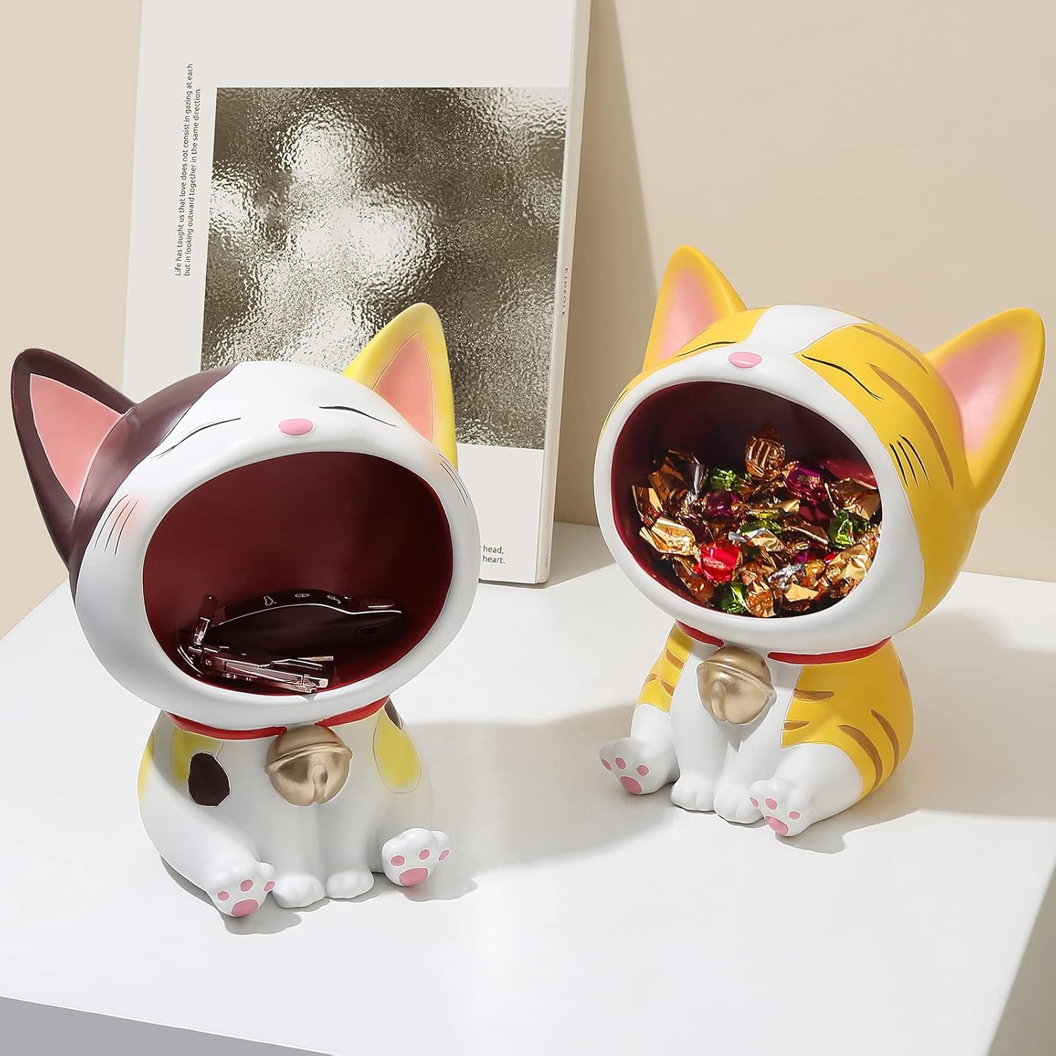 Cute Cat Statue Laughing Cat Figurines for Candy Dish, Key Bowl Holder, Desk of Work, Office Accessories Storage, Home Decor Art Sculpture Gag Gift for Cat Lover, Housewarming Gift (Yellow)