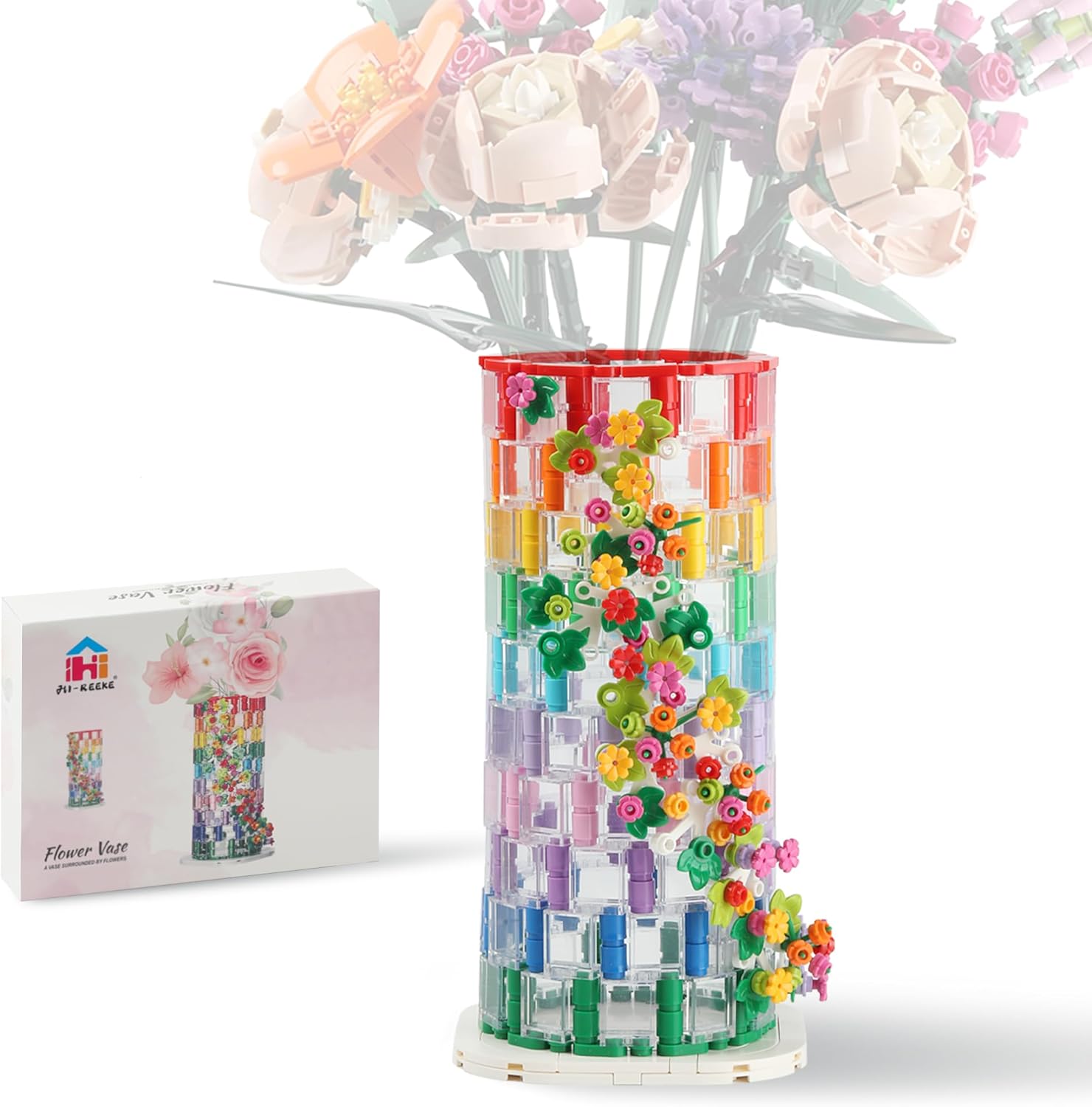 HI-REEKE Vase Building Set for Flowers Bouquet 10280 10313, Transparent Vase Flower Display Stand Building Block Kit for Women Adult