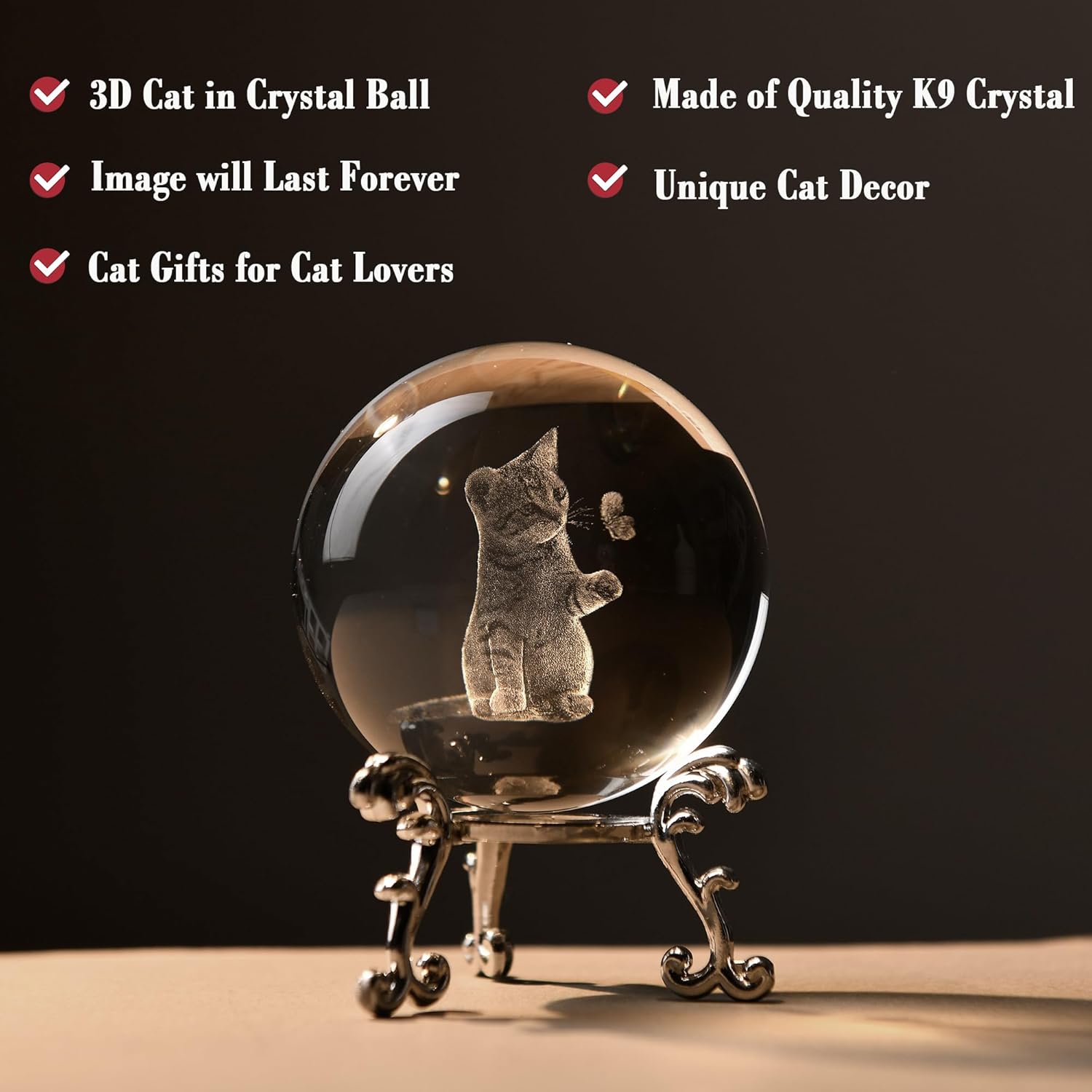 3D Cat Themed Gifts for Women Decor for Cat Lovers Cat Mom Crystal Ball Cat Related Sympathy Figurines Presents Cat Decorative Globe Decor with Stand