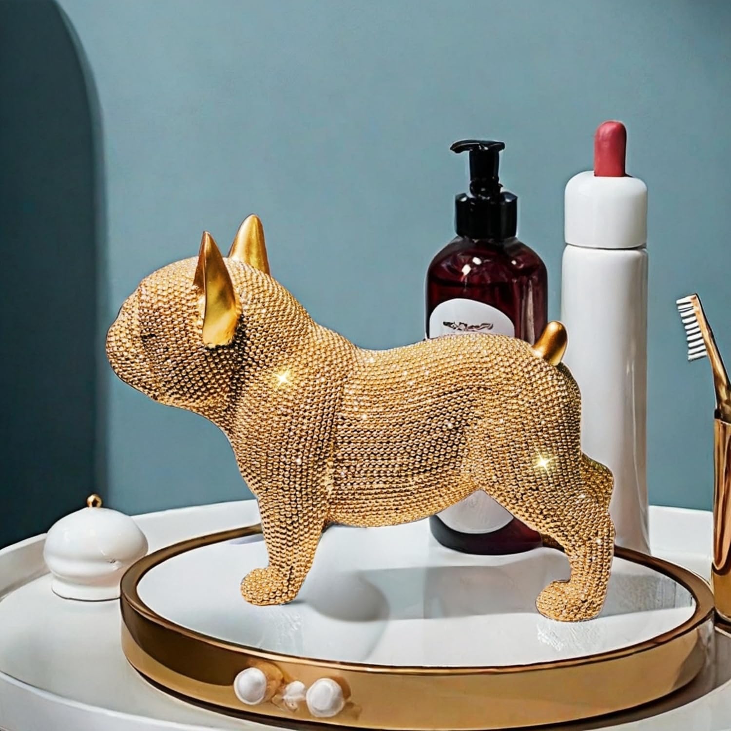 Handcrafted Bulldog Resin Home Decor Statue - Intricate Beaded Design - Unique Decorative Sculpture for Living Room, Office, or Bedroom