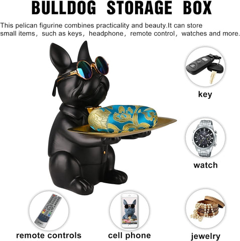 French Bulldog Gifts Key Holder Candy Dish Tray Home Decor Resin Butler Statue Key Bowl Entryway Table Frenchie Dog Sculpture Dining Table Decor Office Small Object Tray (Black)