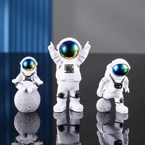 Blue White Astronaut Statues Set of 4, Spaceman Sculpture Figurines Outer Space Theme Decor for Nursery Room Cake Topper