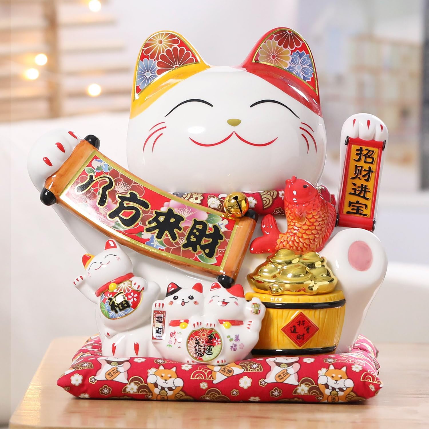 Lucky Statue Cat - Chinese Good Luck Cat with Waving Arm,Ceramic Fortune Cat Statue,Japanese Money Cat for Home, Office, and Store Decorations