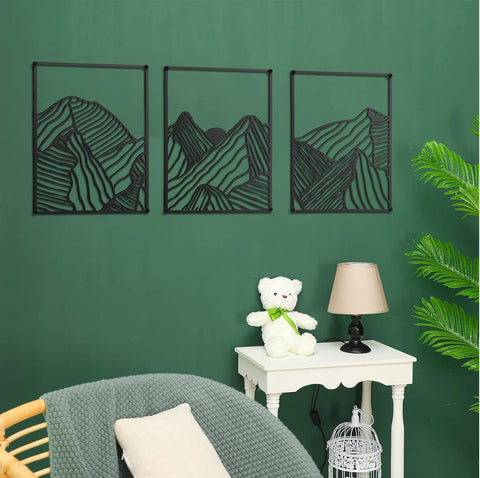 Peryiter 3 Pcs Mountain Metal Wall Art Mountain Line Wall Decor Abstract Minimalist Rustic Nature Decor for Home Bathroom Living Room(Black)