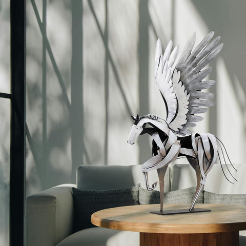 Horse Statue Décor Artwork, 24" H Handmade Metal Pegasus Greek Flying Horse Sculpture, Hand-Painted Animal Figurines for Home Living Room Office (Brown with Wings)