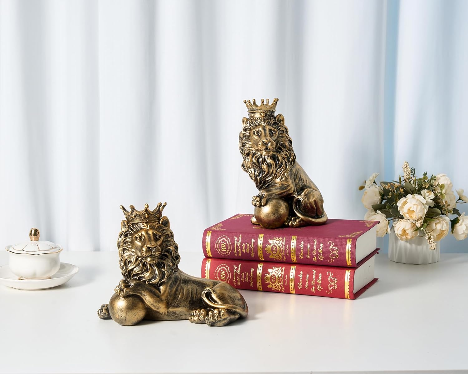 Feng Shui Lion Statue Home Decoration Regal Statement Piece, Men Father Leo Lion Gift, Man Home Office Desk Table Shelf Decoration Antique Golden Lying Lion Statue