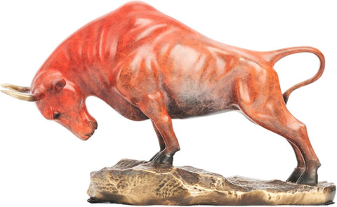 Bronze Bull Sculpture - Pure Copper Charging Bull/Cow/Ox Figure and Statue Handmand Collectable Art Decor - Raging Bull Figurine for Office& Home Decorations and Gift (L:8.3in Red)