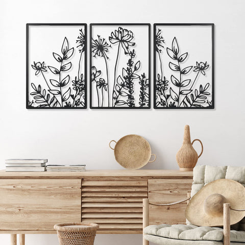 Therwen 3 Pcs Black Metal Wall Art Minimalist Wall Decor for Bedroom Flowers Decor Hanging Flower Bathroom Art Flower Line Sculpture Kitchen Decoration 16.5 x 9.8 Inch