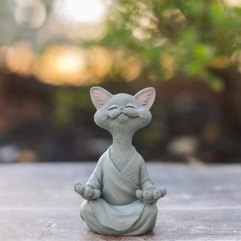 Whimsical Grey Cat Buddha Figurine Meditation Yoga Decor - Happy Cat Collection - Cat Lover Gifts, Yoga Gifts, Meditation Gifts, Zen Namaste Decor Gifts