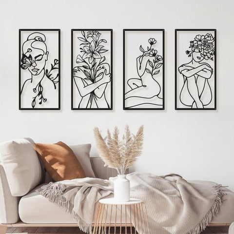 Bakovity Black Metal Bathroom Wall Art, Minimalist Woman Line Wall Decor, Metal Wall Decor for Bathroom Bedroom Living Room (4 Pcs,17 x 9 in)