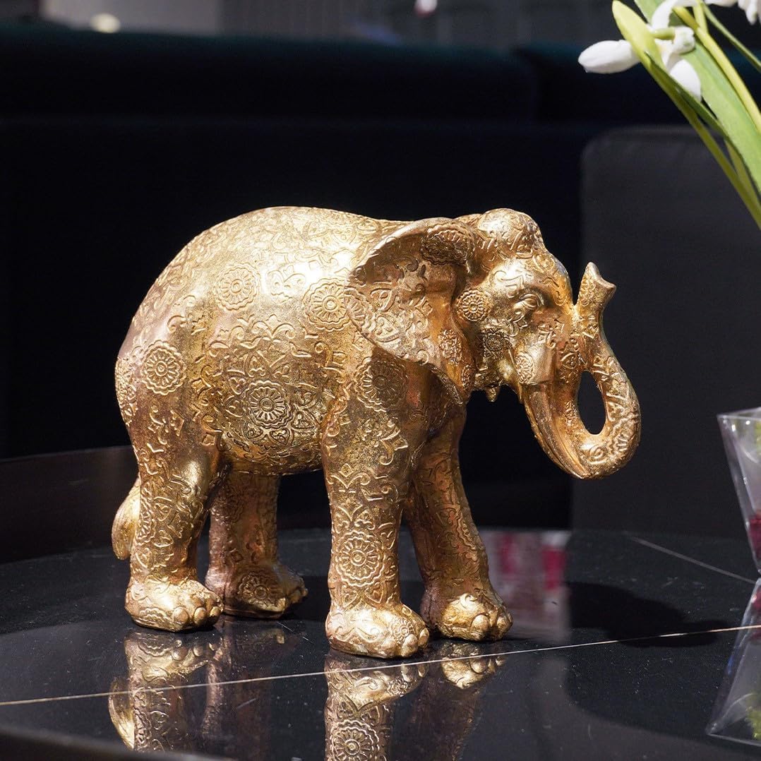 Elephant Statues Home Décor Collectible Figurines - Gold Resin Boho Elephant Decoration Handmade Brings Good Luck Health for Living Room Shelf Office Gifts for Women 7.25 x 3.25 x 5.75 Inch