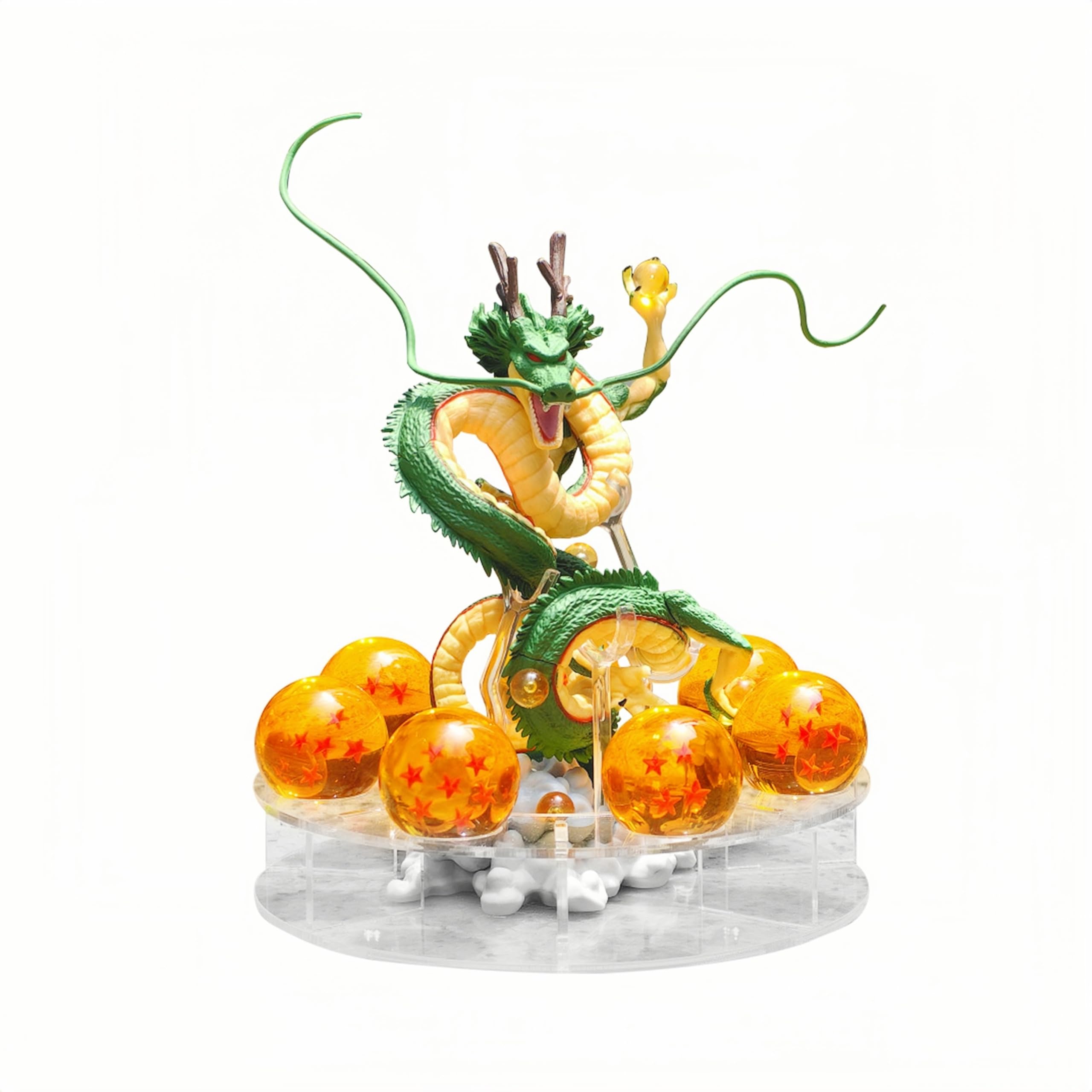 Resin Shenron Figure Dragon Shenlong Statue Set + 3.6cm Crystal Balls + Shelf with Gift Box for Business Halloween Christmas Holiday and Birthday Home Decoration