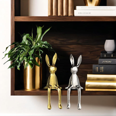 2-Piece Rabbit Decor Sculptures - Home, Office, Living Room, Bedroom - Accents, Decorations, Figurines - Small Statues for Bookshelf, Desk - Ideal Gifts (Gold, Silver)