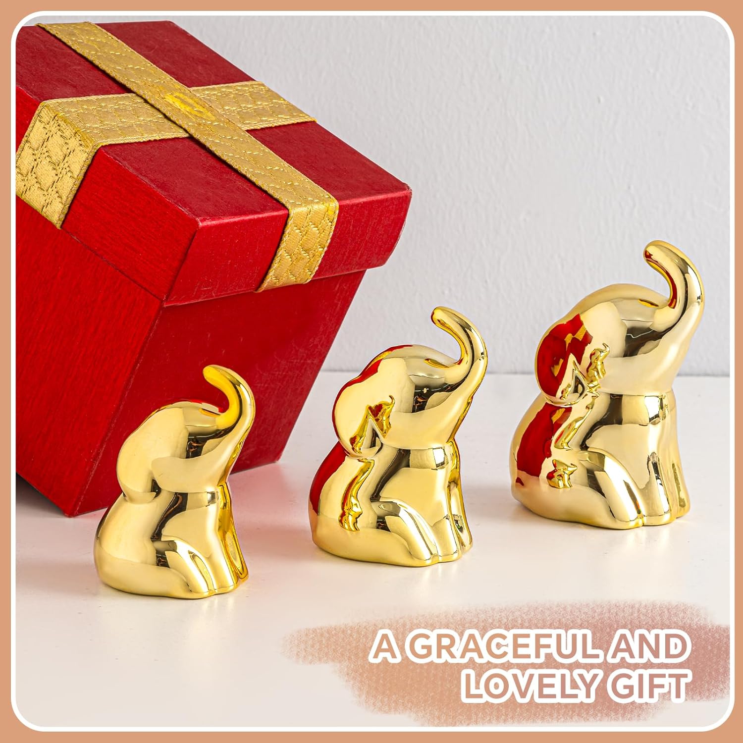 Set of 3 Cute Gold Elephant Statues, Small Decorative Accents for Shelves, Livingroom and Bedroom - Gifts for Lover, Family (Gold)