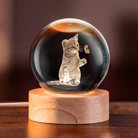 3D Cat Themed Gifts for Women Decor for Cat Lovers Cat Mom Crystal Ball Cat Related Sympathy Presents with Wooden Light Base