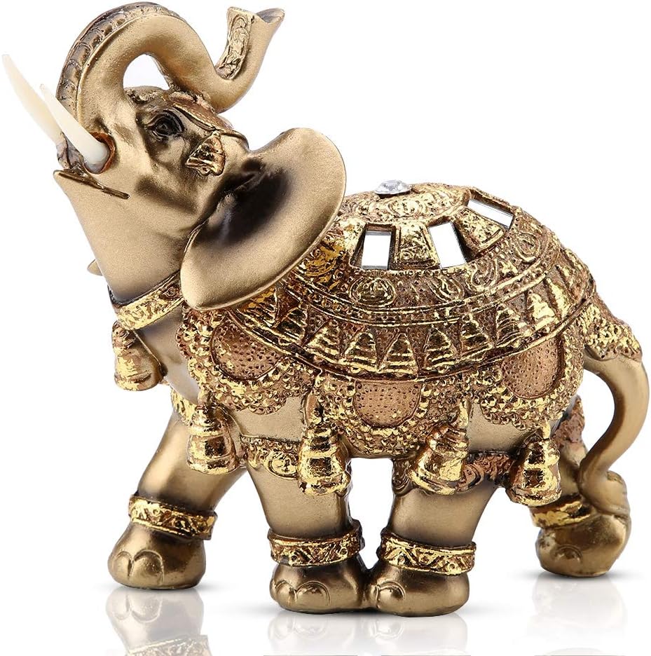 Golden Elephant Statue 5.5 Lucky Feng Shui, Thai Elephant With Trunk Upwards Collectible Figurine Sculpture Decoration, Wealth Lucky Home Office Decor Gift