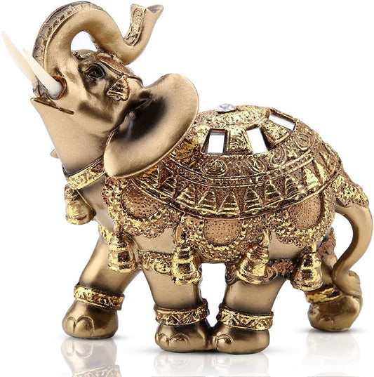 Golden Elephant Statue 5.5 Lucky Feng Shui, Thai Elephant With Trunk Upwards Collectible Figurine Sculpture Decoration, Wealth Lucky Home Office Decor Gift 929