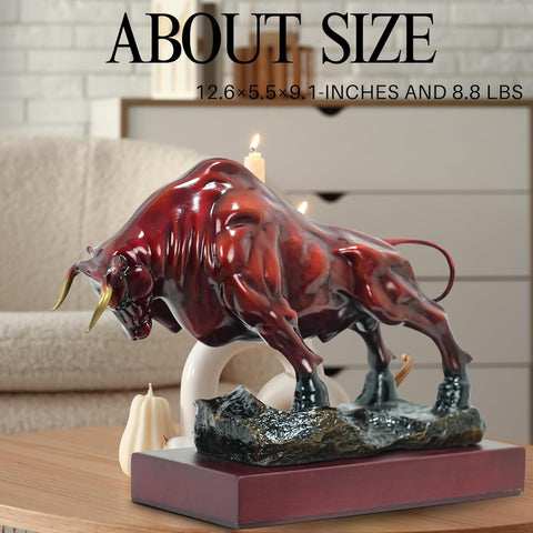 Bronze Bull Sculpture - Pure Copper Charging Bull/Cow/Ox Figure and Statue Handmand Collectable Art Decor - Raging Bull Figurine for Office& Home Decorations and Gift (L:8.3in Red)