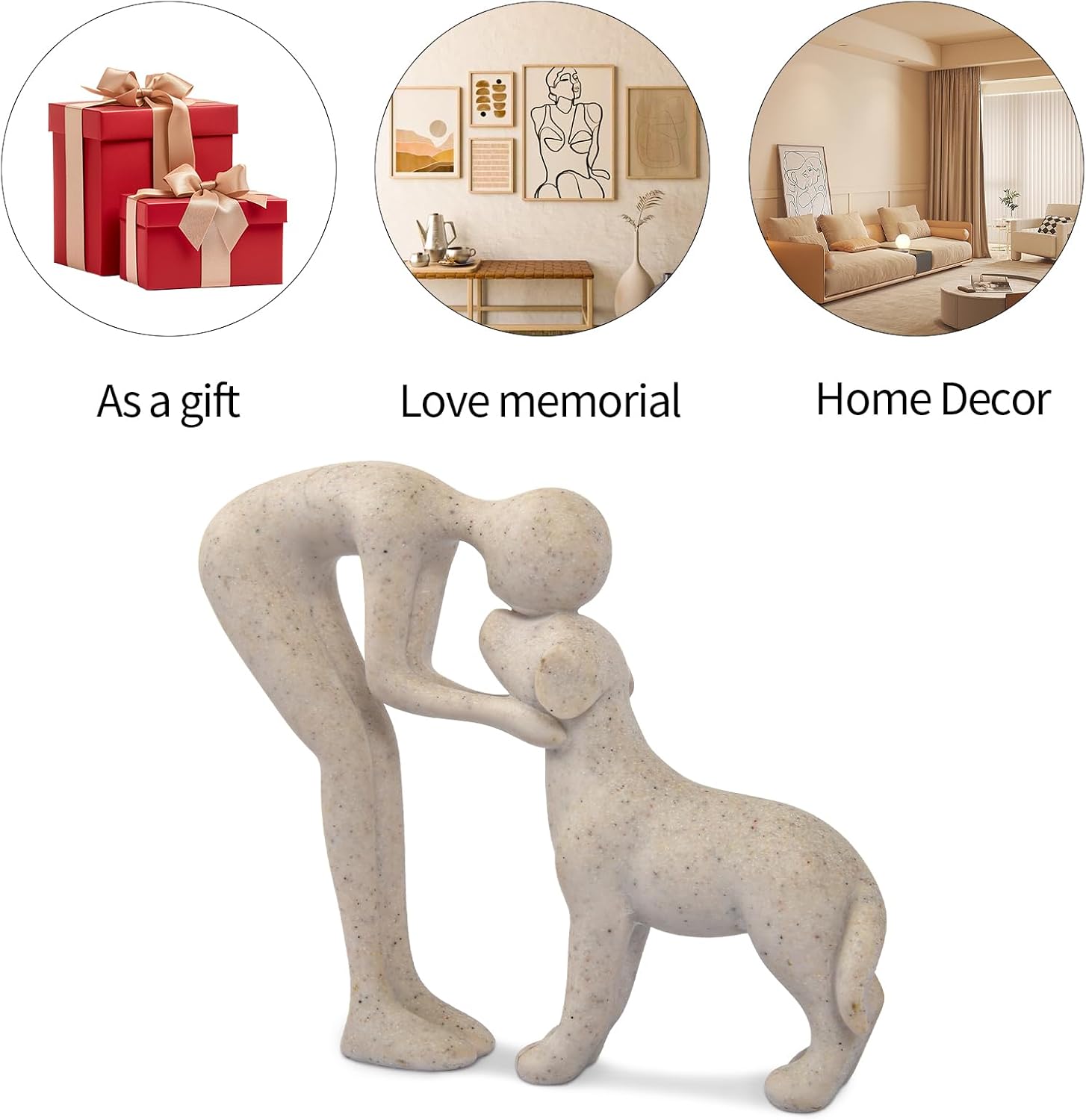 Dog Sculpture Home Decor Cute Man and Dog Statue Decoration for Office、Living Room、Bedroom、Home， Memory Gifts for Pet Lovers (Sandstone)