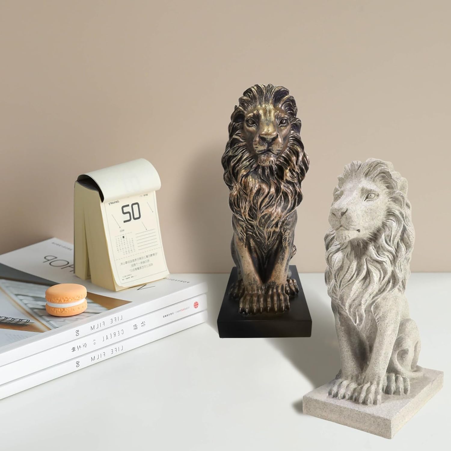 Lion Statues, Bronze Animal Sculptures for Mantel Table Shelf Decor, Lion Bookends for Home Office, 13'' Tall