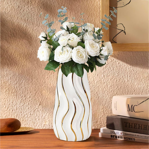 Ceramic Vase, White Vase for Home Decor,Decorative Flower Vase, Vertical Stripe Ceramic Vases for Home Décor, Bedroom, Office, Living Room, Bathroom, Tabletop Decor, Centerpiece (White)