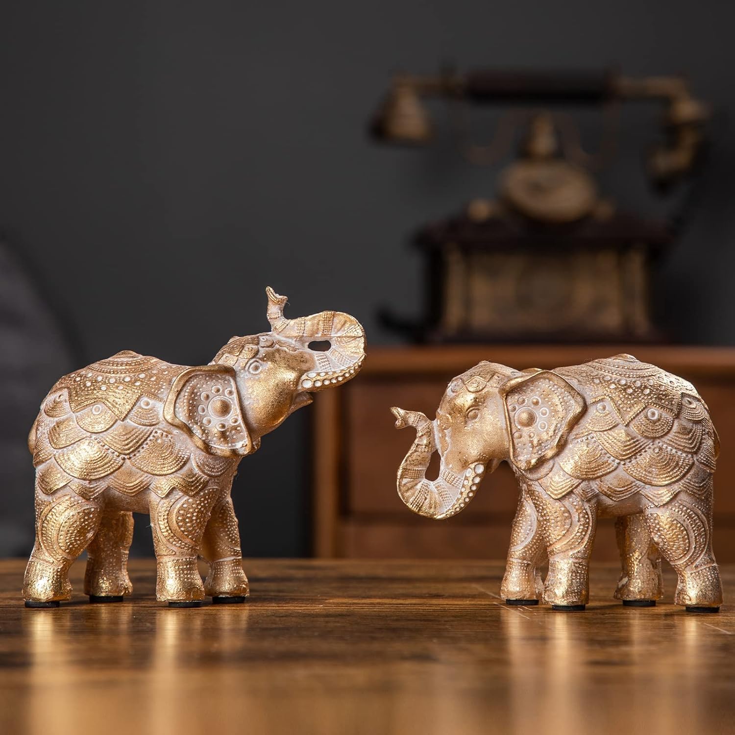 Elephant Statue for Home Decorations,Elephant Figurines with Trunk up,Elephant Decor for Shelf Shelves Table Living Room nightstand,African Elephants Gifts for Women Small Set of 2 Gold Color Accents