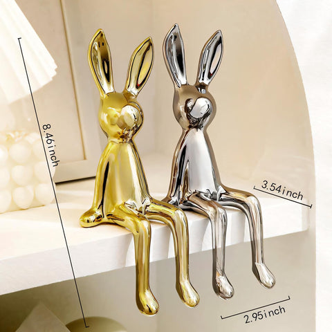 2-Piece Rabbit Decor Sculptures - Home, Office, Living Room, Bedroom - Accents, Decorations, Figurines - Small Statues for Bookshelf, Desk - Ideal Gifts (Gold, Silver)