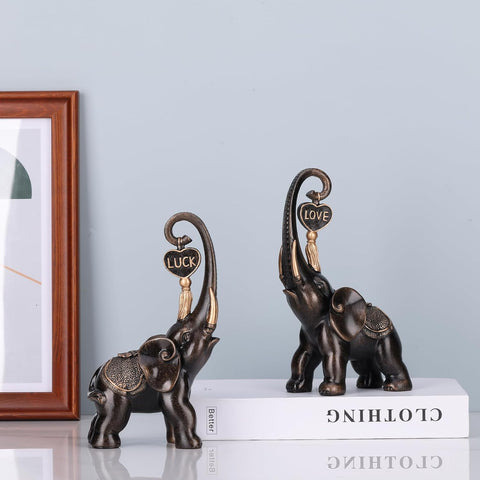 Bronze Elephant Statue 2 Piece Set, Love Elephant Sculpture, Lucky Elephant Decoration for Home Decor Statues, Home Decor Elephants, Office Decor, Console and Shelf Decor Aesthetics.