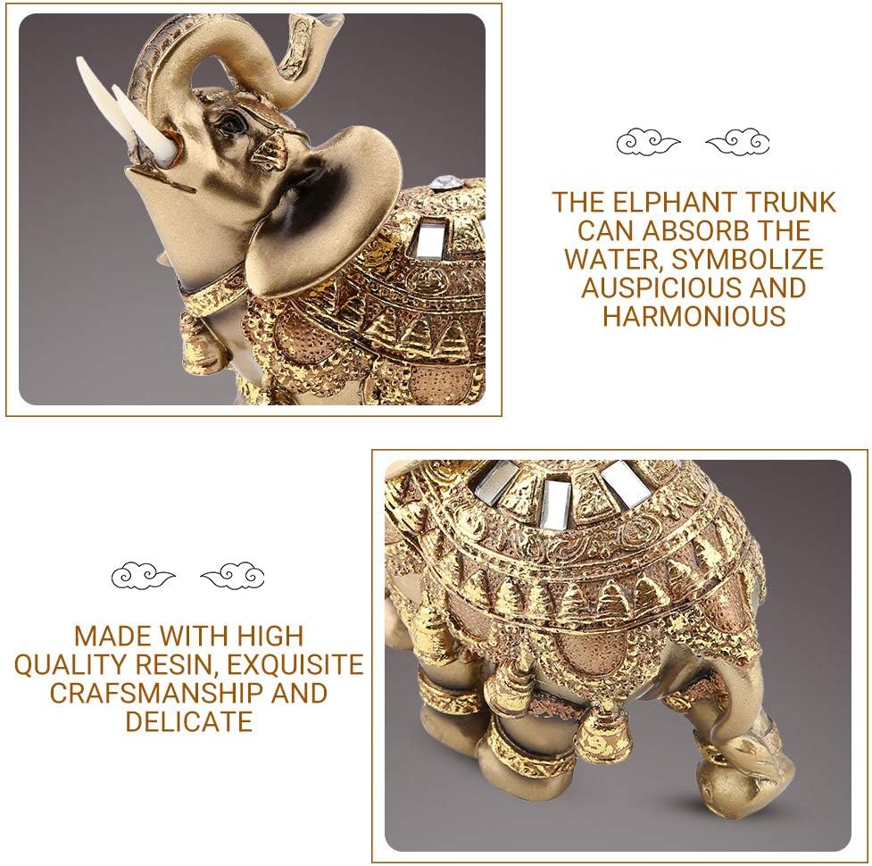 Golden Elephant Statue 5.5 Lucky Feng Shui, Thai Elephant With Trunk Upwards Collectible Figurine Sculpture Decoration, Wealth Lucky Home Office Decor Gift