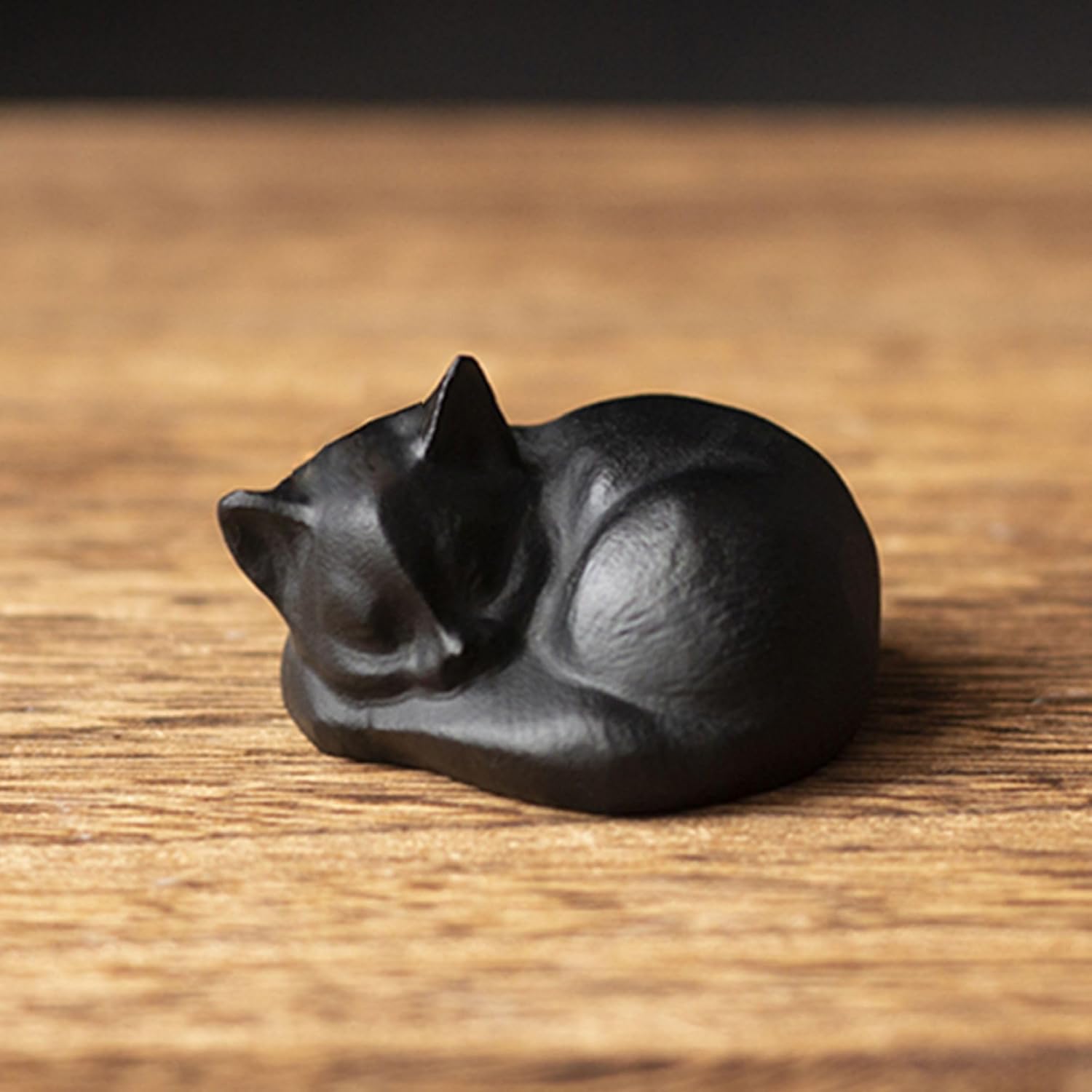 Tiny Sleeping Cat Statue Hand-Carved Healing Stone Gemstone Little Kitten Statue Figurine 2" - Black Obsidian