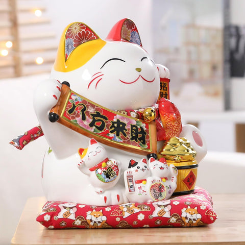 Lucky Statue Cat - Chinese Good Luck Cat with Waving Arm,Ceramic Fortune Cat Statue,Japanese Money Cat for Home, Office, and Store Decorations