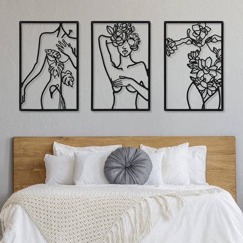 CHENGU 3 Pieces Metal Minimalist Abstract Woman Wall Art Line Drawing Wall Art Decor Single Line Female Home Hanging for Kitchen Bathroom Living Room(Artistic Body)