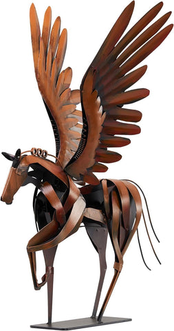 Horse Statue Décor Artwork, 24" H Handmade Metal Pegasus Greek Flying Horse Sculpture, Hand-Painted Animal Figurines for Home Living Room Office (Brown with Wings)