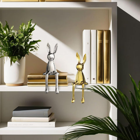 2-Piece Rabbit Decor Sculptures - Home, Office, Living Room, Bedroom - Accents, Decorations, Figurines - Small Statues for Bookshelf, Desk - Ideal Gifts (Gold, Silver)