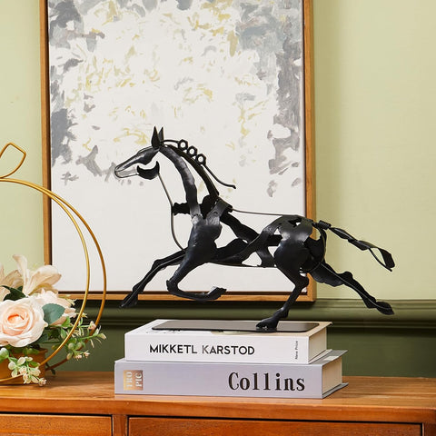 Running Horse Sculpture Western Decor, Handmade Metal Horse Statue Home Decor, Rustic Animal Statue Gifts for Women (Black)