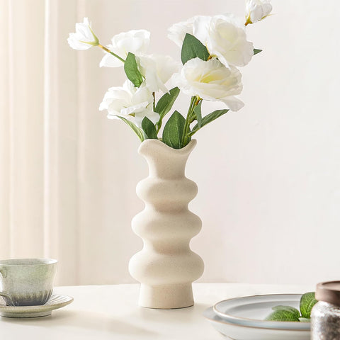 Modern Decorative White Ceramic Vases for Home Decor 8.3 Inch, Fall Minimalist Vase for Pampas Grass, Boho Flower Vase, Aesthetic Cream Vase