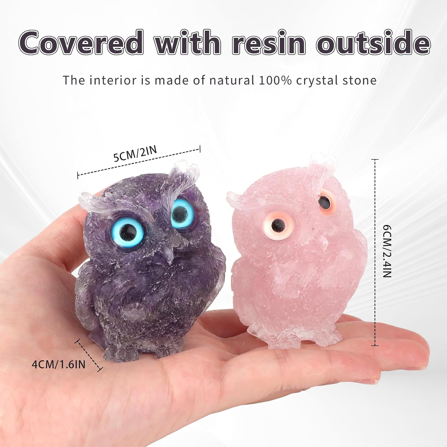 2.5 inch 2PCS Cute Owl Statue Natural Healing Crystal Resin Figurine for Desk, Amethyst Rose Quartz Reiki Spiritual Energy Gemstone Sculpture for Home Office Room Decor Gifts for Women Men