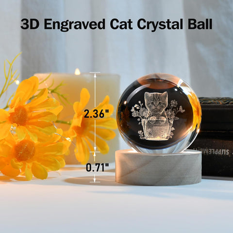 3D Cat Themed Gifts for Women Decor for Cat Lovers Cat Mom Crystal Ball Cat Related Sympathy Presents with Wooden Light Base