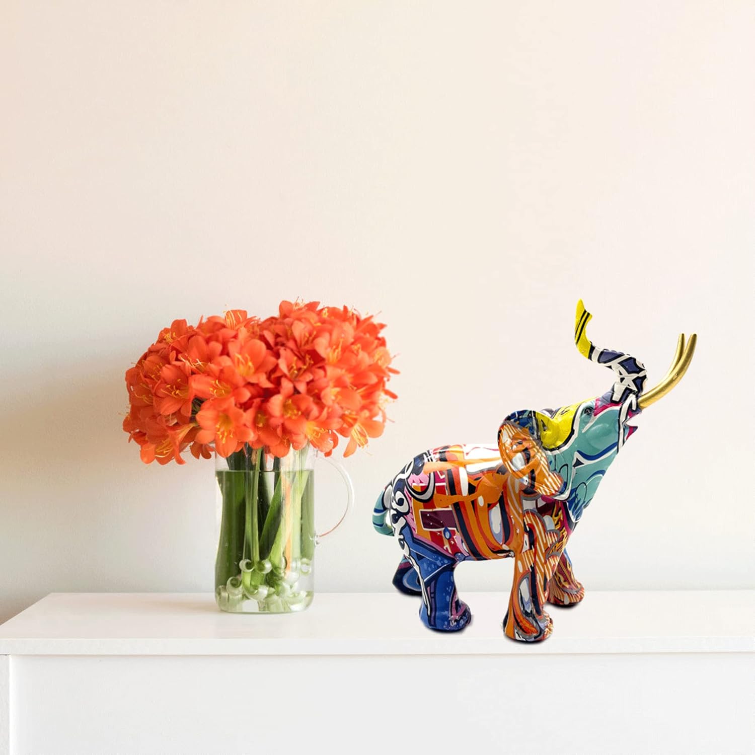 Colorful Art Elephant Statue Sculpture Figurine Collectible Gift Idea Home Decor Desktop Decoration (Large)