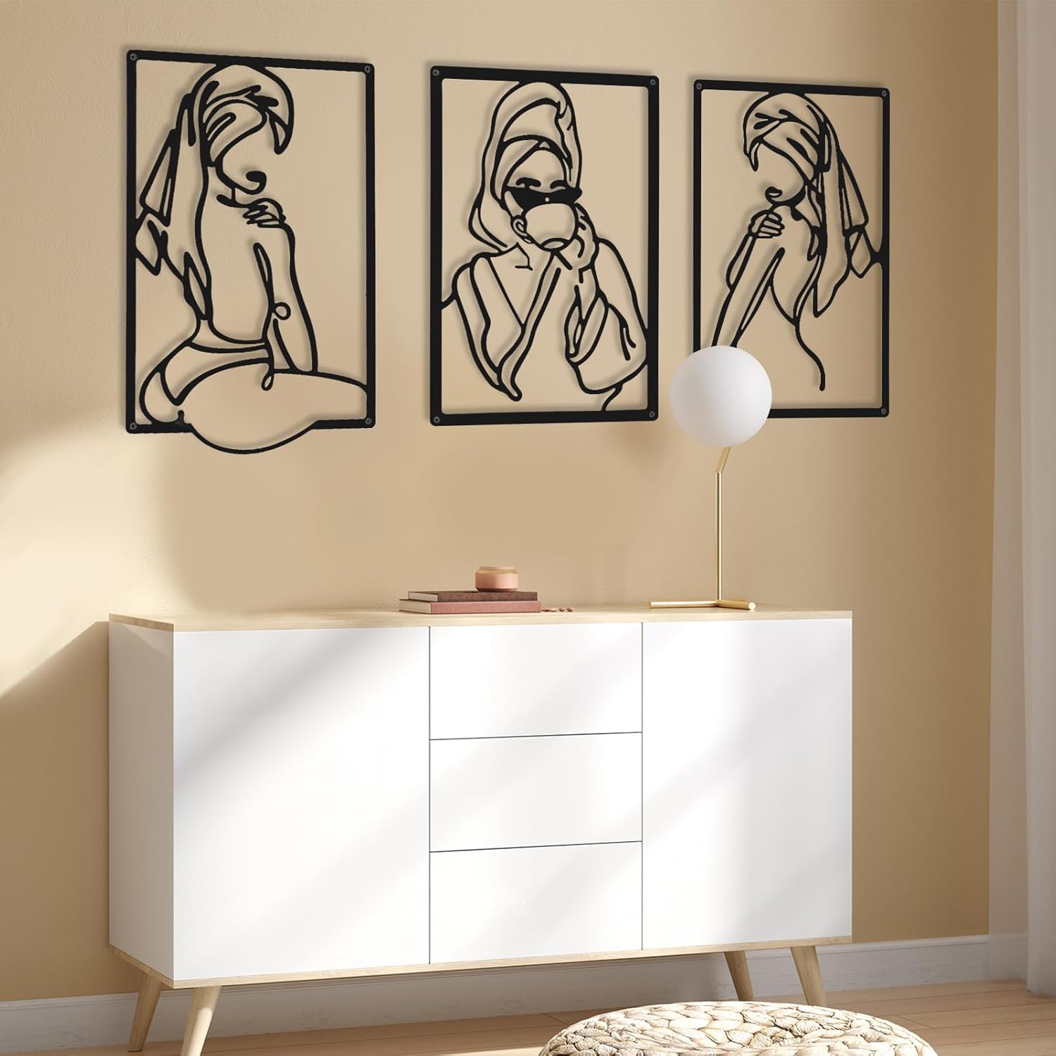 CHENGU 3 Pieces Metal Minimalist Abstract Woman Wall Art Line Drawing Wall Art Decor Single Line Female Home Hanging for Kitchen Bathroom Living Room