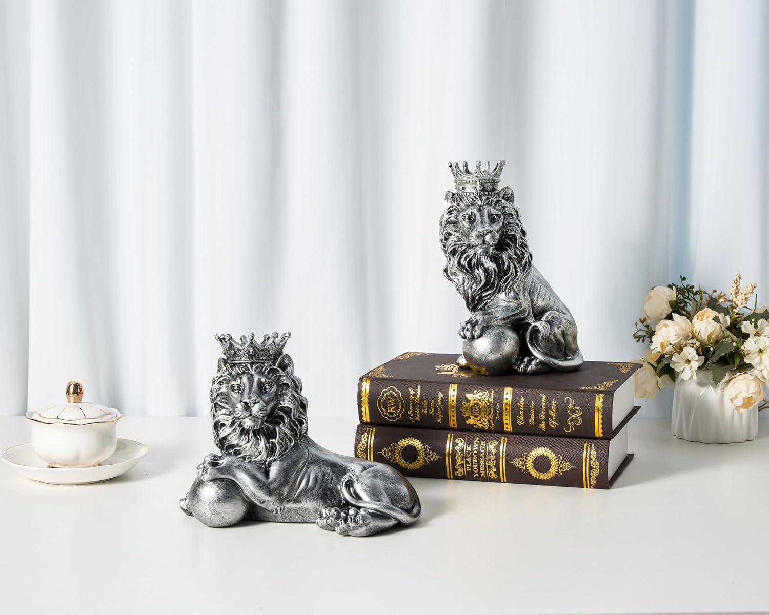 Feng Shui Lion Statue Home Decoration Regal Statement Piece, Men Father Leo Lion Gift, Man Home Office Desk Table Shelf Decoration Antique Golden Lying Lion Statue