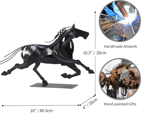 Running Horse Sculpture Western Decor, Handmade Metal Horse Statue Home Decor, Rustic Animal Statue Gifts for Women (Black)