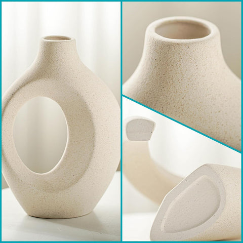 Snuggle Hollow Ceramic Vase Set of 2, Nordic Modern Boho ins Style Decorative Ceramic Aesthetic Flower Vase for Home Decor (Milky White W 6.3" X H 8.4")