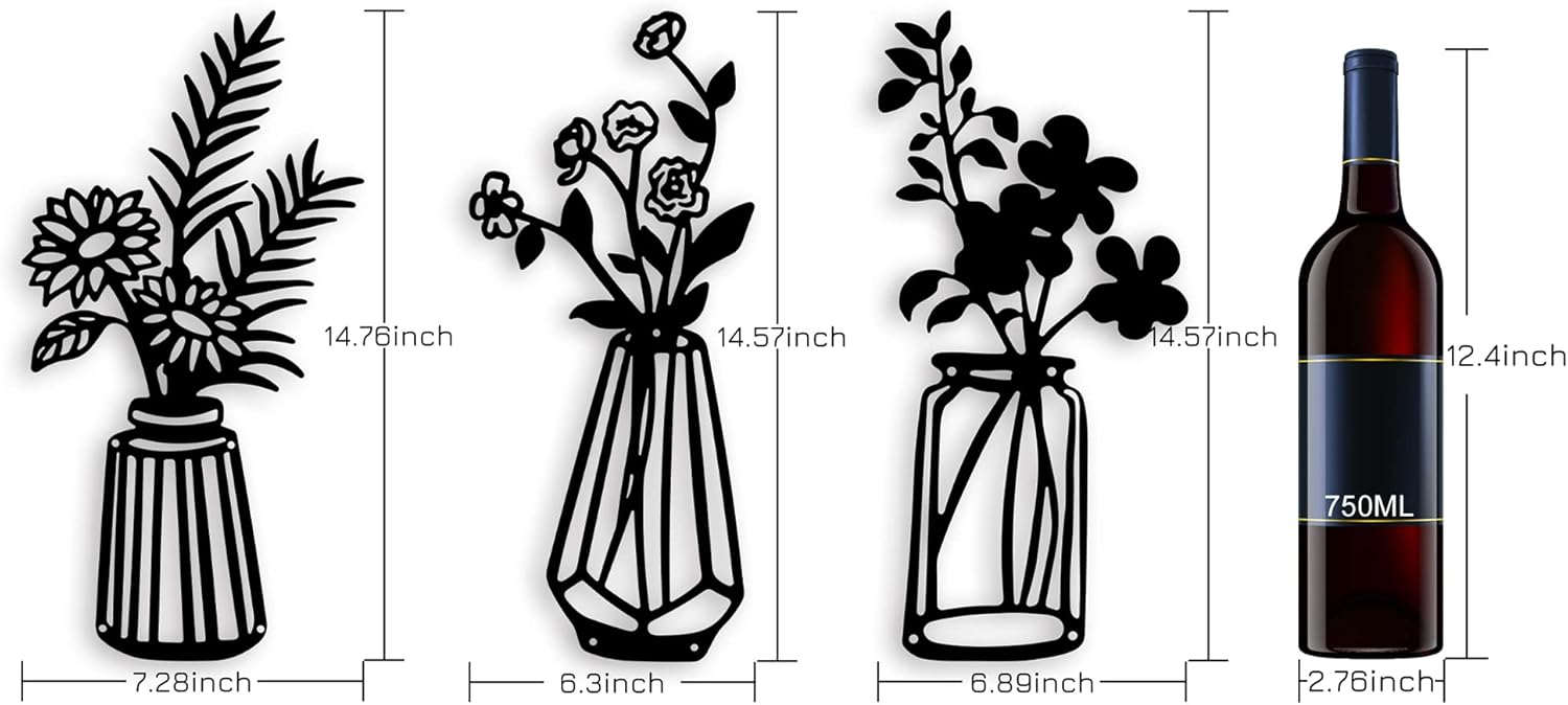 3 Pieces Black Metal Flowers Wall Decor Metal Vase Wall Art Metal Wall Sculptures Hanging for Indoor Kitchen Bathroom Dining Room Patio,14.56x7.48 inches