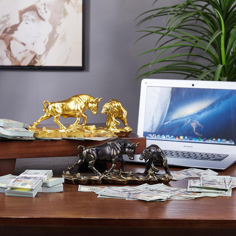 Bull and Bear Statue 15.7" L -Wall Street Bull Statue -Sculptures- Unique Decor for Financial Professionals,Gold