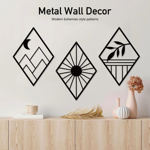 Sokurdeg Boho Metal Minimalist Geometry Wall Art, Black Bohemian Line Metal Art Wall Decor, Modern Abstract Wall Art for Bedroom Bathroom Living Room (3 Pack, 12 x 17 in)